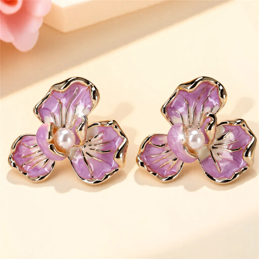Cute Female White Pearl Purple Enamel Gold Color Flower Stud Earrings Lovely Bridal Wedding Jewelry For Women