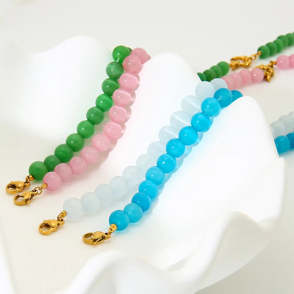 2026 Rainbow Cats Eye Glass Bead Choker Necklace 18K Gold Plated Stainless Steel Summer Bikini Gift for Women Girls