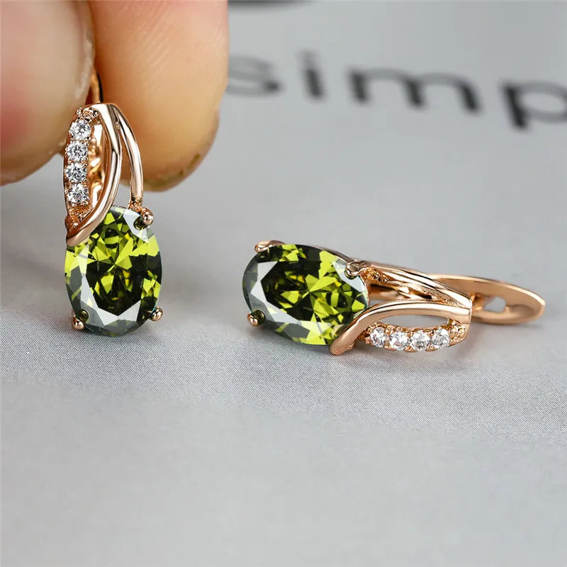 Crystal Purple Oval Stone Jewelry Rose Gold Color Wedding Hoop Earrings For Women