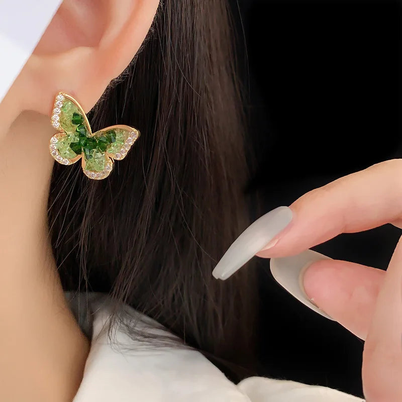 Gold Plating Zircon Green Crystal Butterfly Stud Earrings for Women Partysu Fashion Earring Luxury Silver Jewelry New
