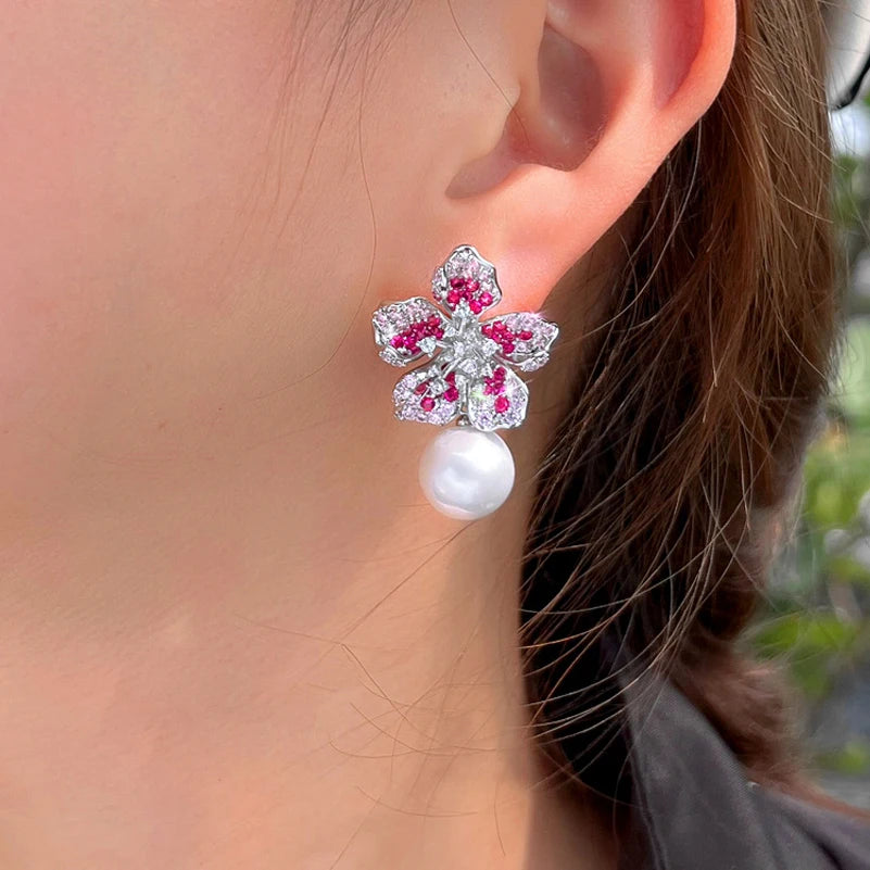 ThreeGraces Gorgeous Shiny Pink Zirconia Big Simulated Pearl Long Flower Dangle Earrings for Women Bridal Party Jewelry  E2005