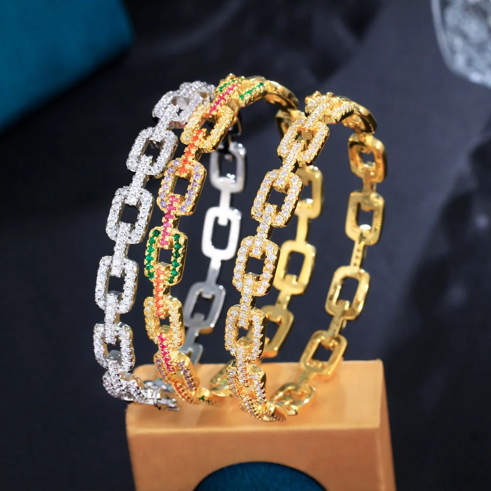 ThreeGraces Fashion Shiny Multicolor Cubic Zirconia Geometric Cuban Link Chain Cuff Bangle for Women Trendy Party Jewelry B077