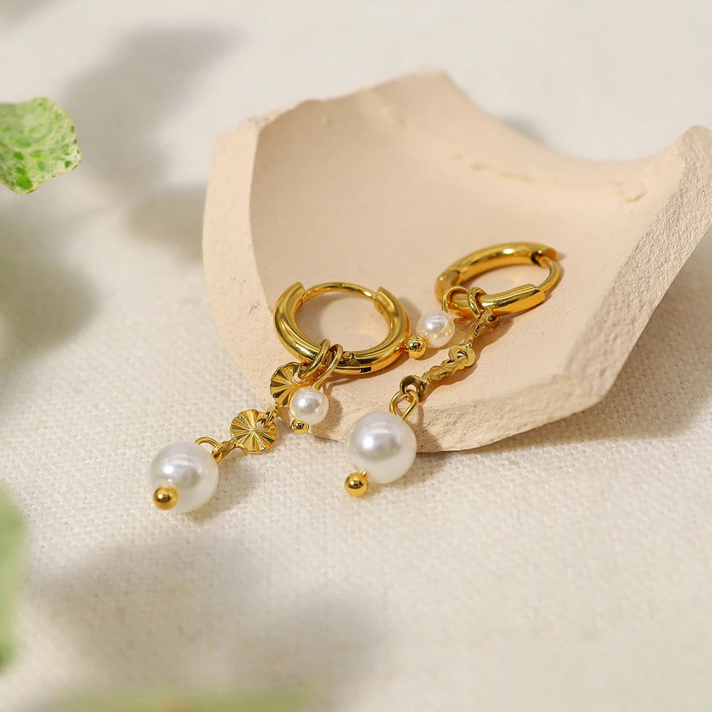 Fashion Round Pearl Pendant Earrings Wedding for Women Waterproof Statement 18K Gold Stainless Steel Hoop Earrings Trend Jewelry