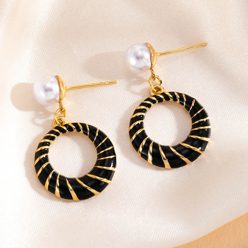 ANENJERY 316L Stainless Steel Hollow Round Imitation Pearls Stud Earrings For Women Luxury Niche Temperament Simple Jewelry Gift