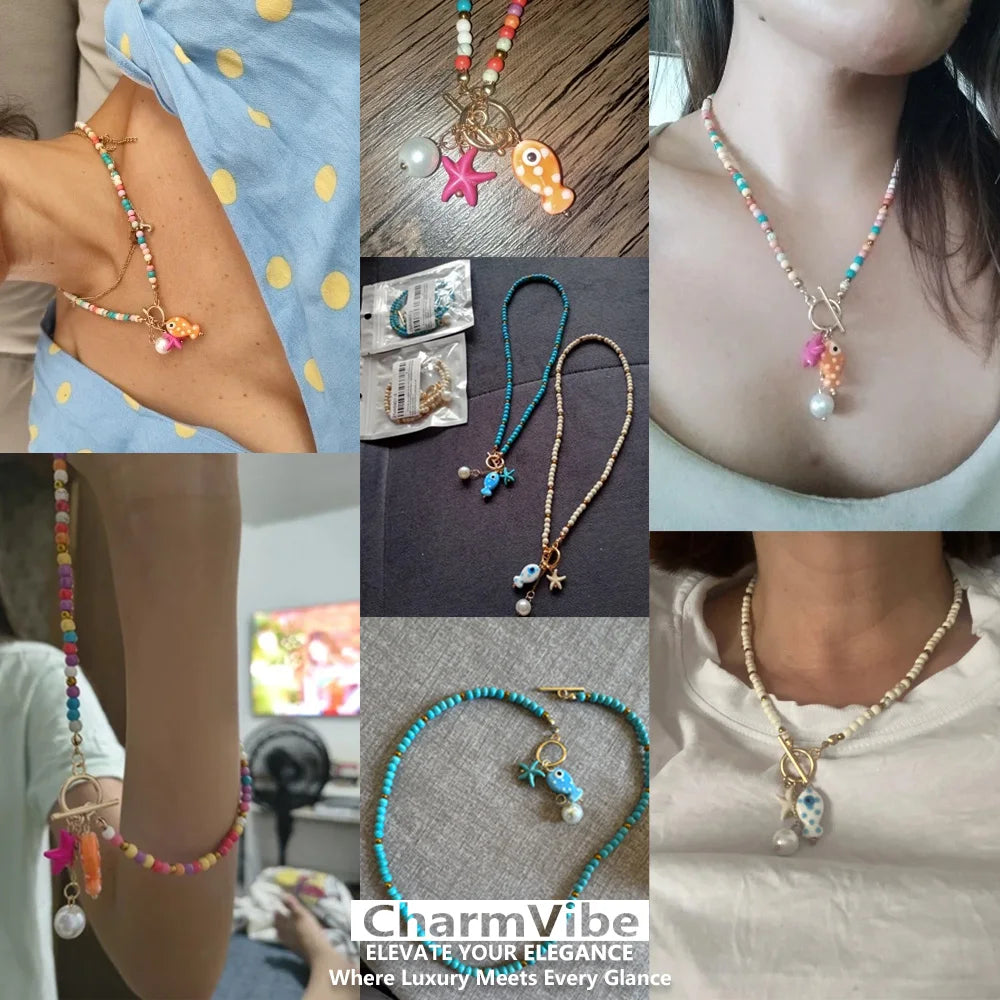 HOT Bohemian Sea-Inspired Ceramic Fish & Starfish Pendant Necklace with 4mm Synthetic Turquoise Beads, Lightweight Beach Jewelry