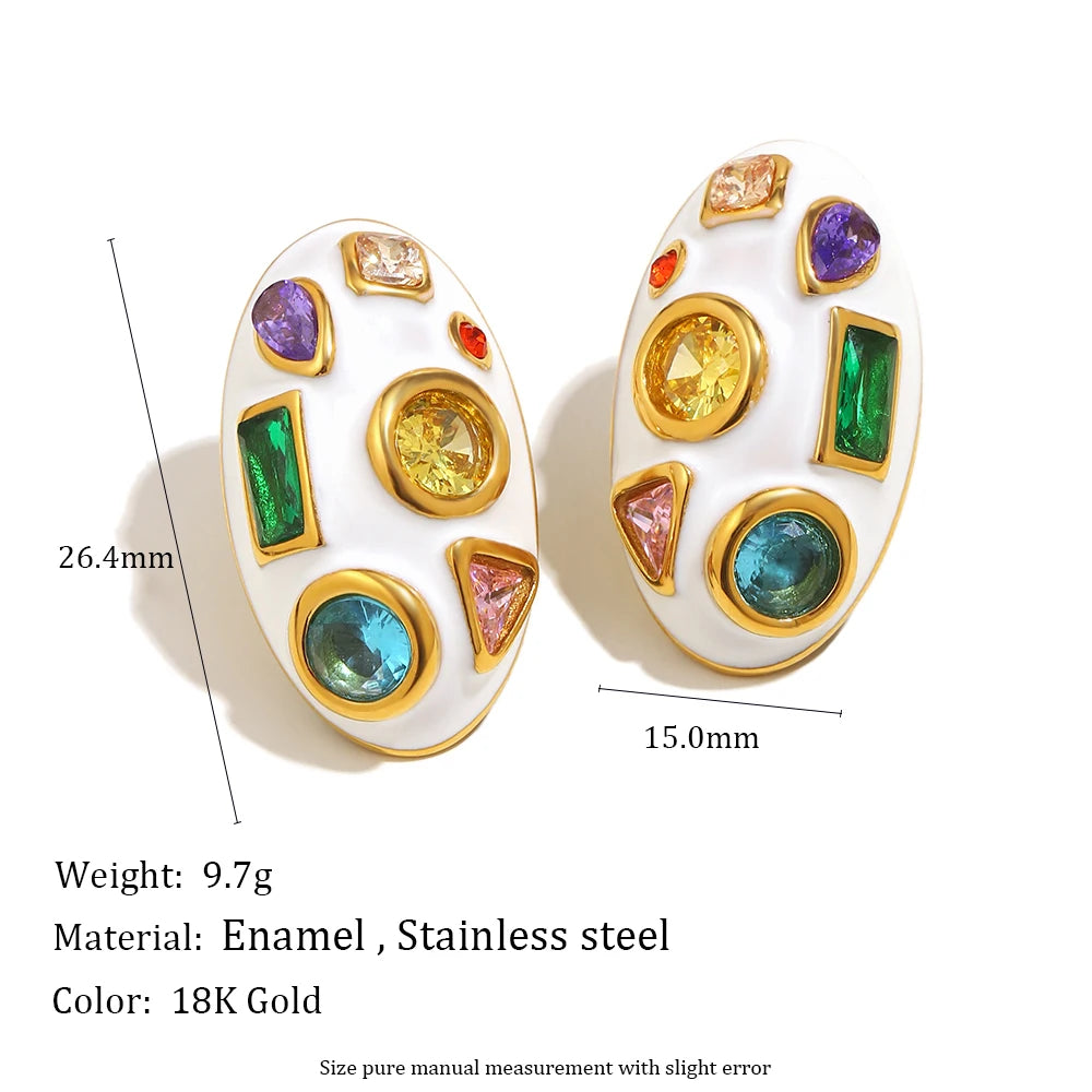 E.B.belle White Enamel Oval/Heart Coloful Geometric Zircon 18K Gold Plated Stainless Steel Women Party Statement Jewelry Gifts