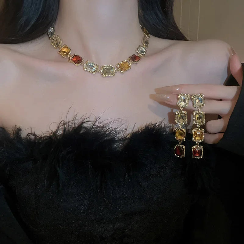 Crystal Inlaid Square Set Necklace and Earrings Fashionable Temperament Splicing Clavicle Chain Jewelry Decoration for Women