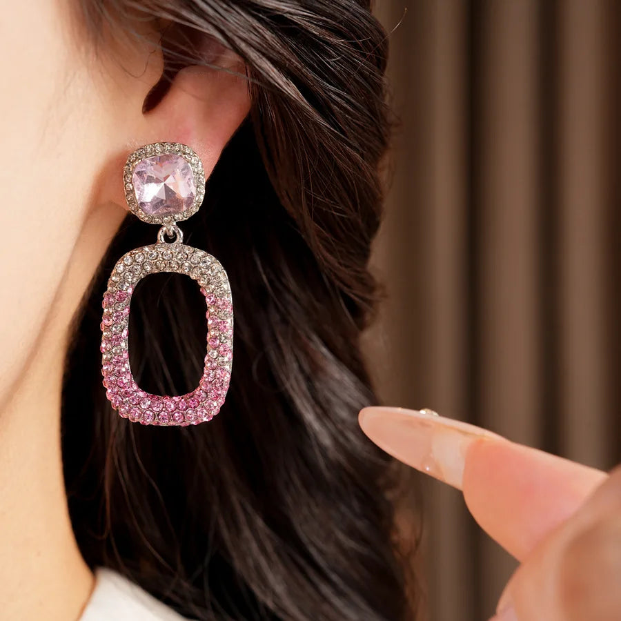 Rhinestone Hollow Square Dangle Earrings Personality Elegant Exquisite Light Luxury High Grade Fashion Ear Jewelry for Women