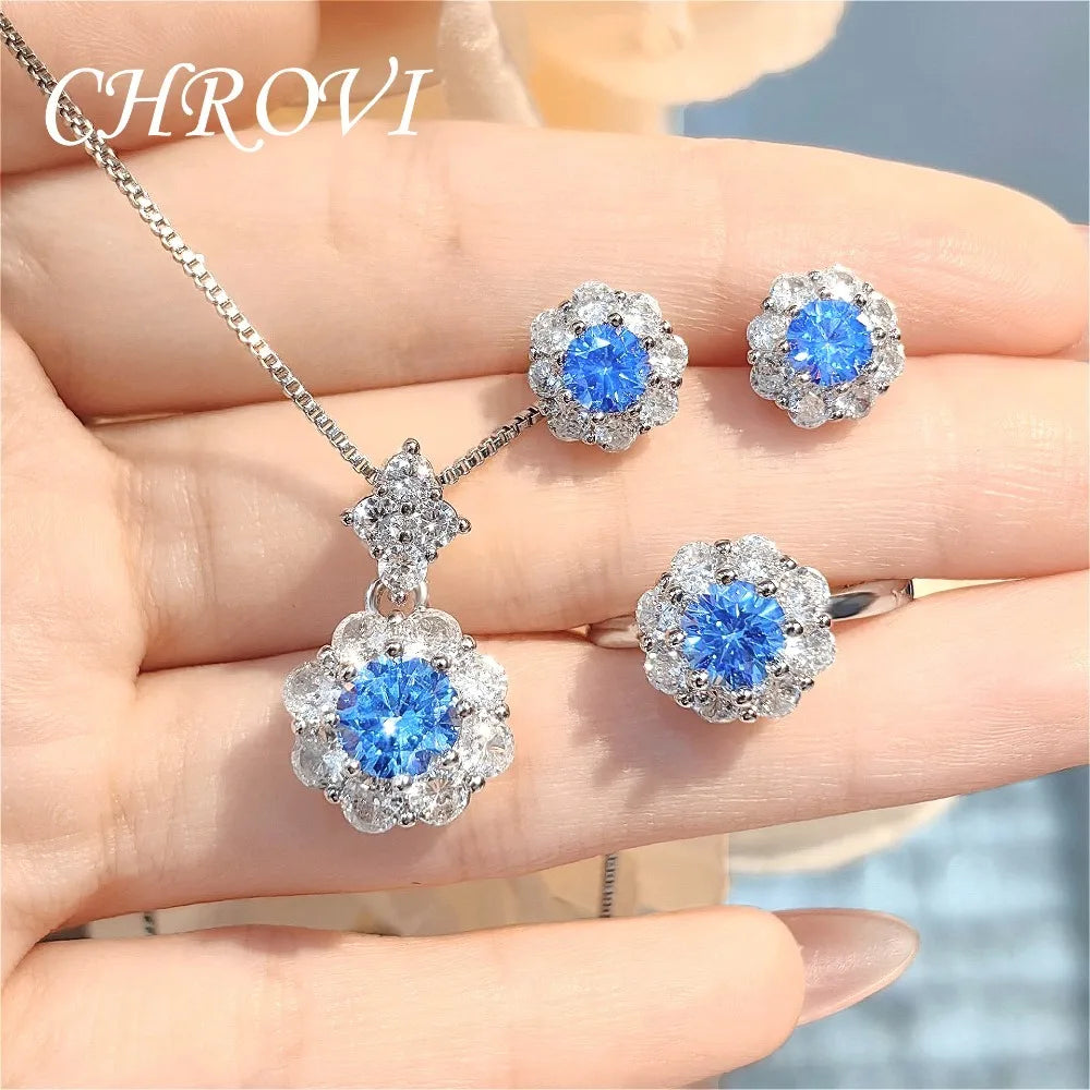 Fashion 925 Sterling Silver Light Luxury Colored Gemstone Set Pendant Ring Stud Earrings for Women Simple Everyday