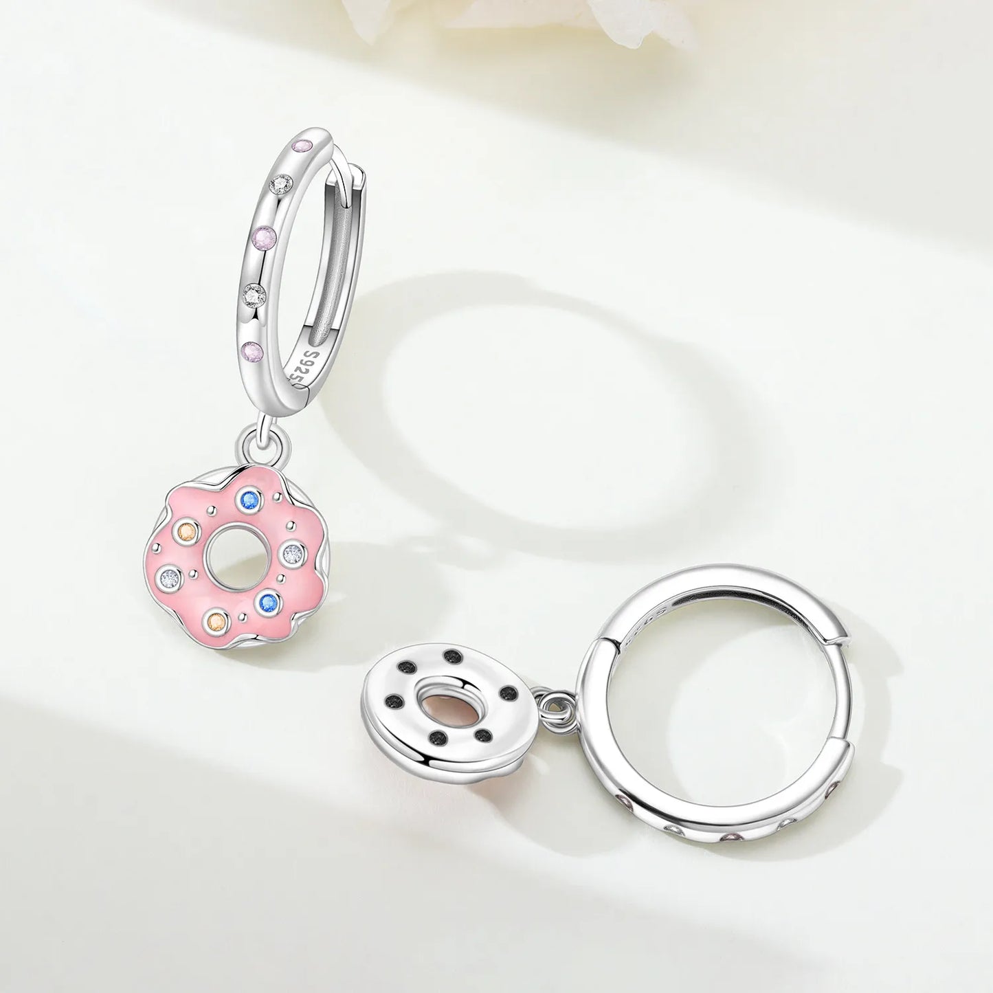 Hot Sale Original 925 Sterling Silver Zircon Pink Doughnut Earrings Flower Paw Print Design Women Party Jewelry Gifts Ear Loops