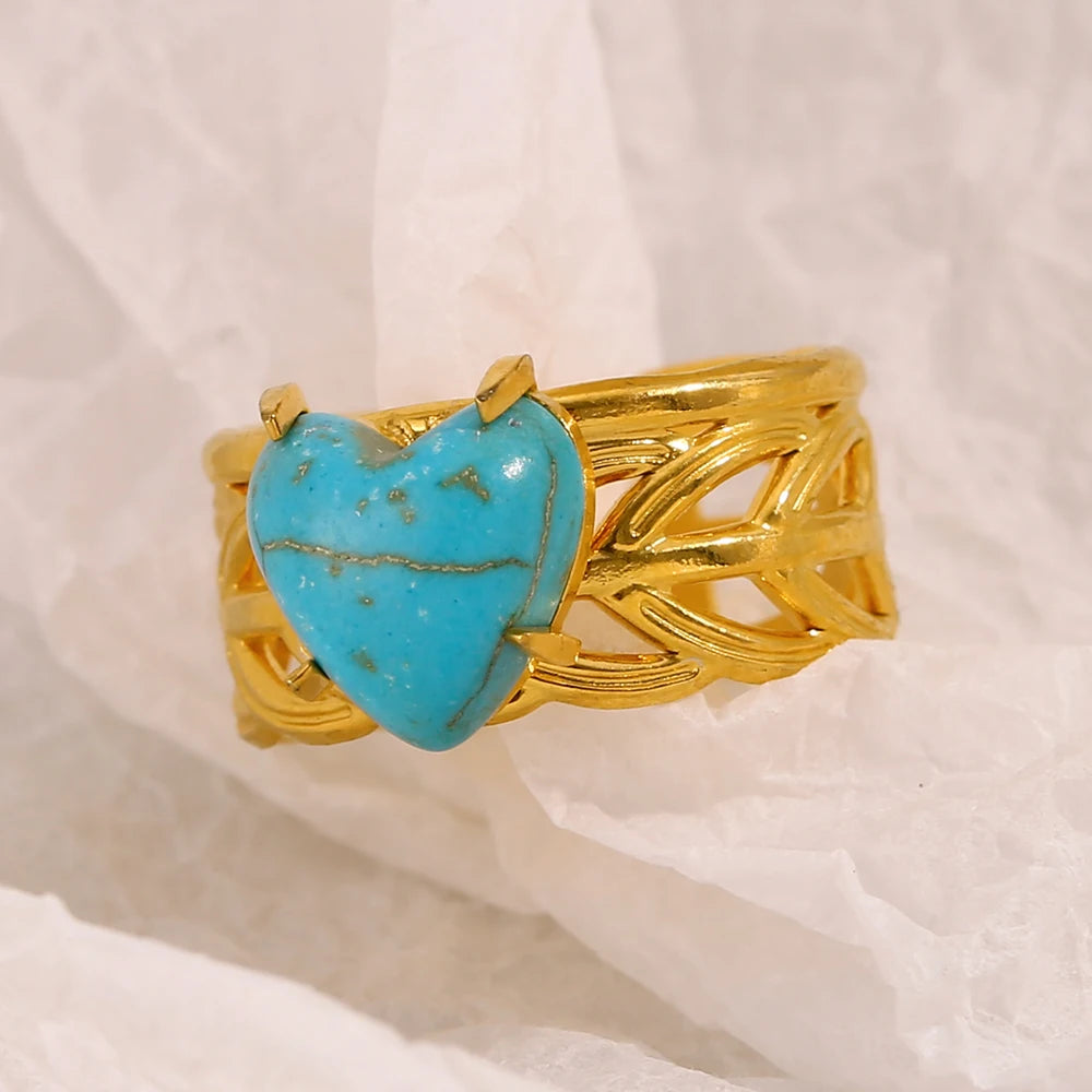 E.B.belle Leaf Pattern Natural Blue Turquoise Stone Heart Opening Ring 18K Gold Plated Stainless Steel Party Waterproof Jewelr y