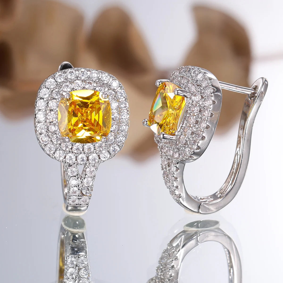 Small Square Charm Yellow Zircon Stone New Trendy Hoop Earrings Charm Cute Female Rose Gold Color Wedding Jewelry For Women