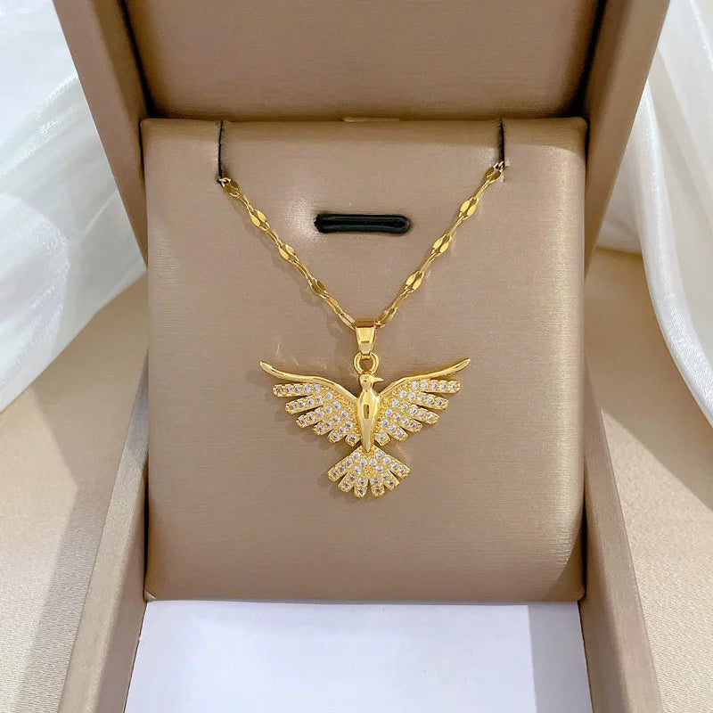 EILIECK 316L Stainless Steel Shine Cubic Zircon Butterfly Pendant Necklace for Girl Gold Color Waterproof Chic Jewelry Party