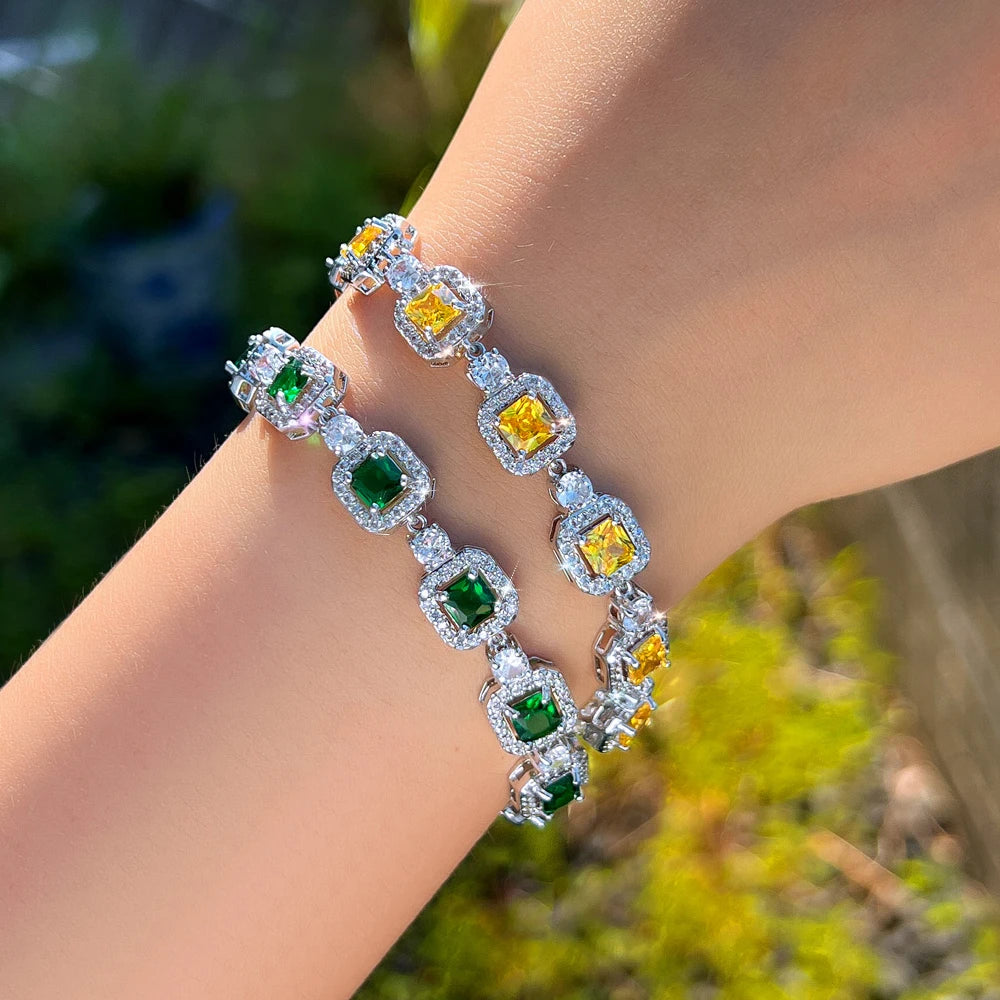 ThreeGraces Trendy Elegant Shiny Pink Green Square Zirconia Bridal Wedding Party Link Chain Bracelet Jewelry for Women BR600