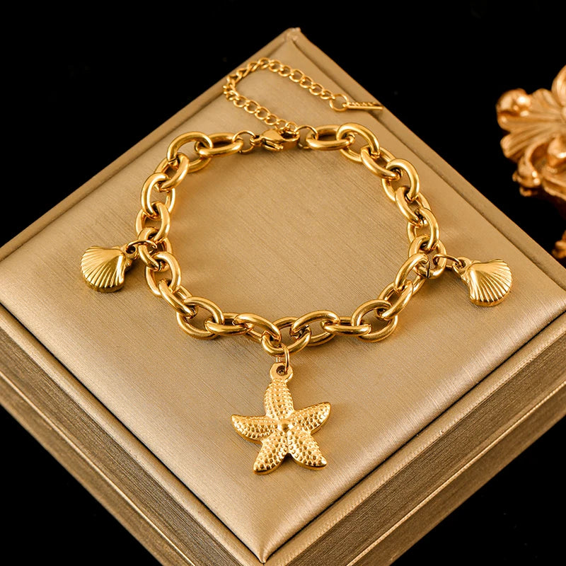 EILIECK 316L Stainless Steel Starfish Heart Pearl Charm Bracelet For Women Trendy Gold Color Wrist Chain Jewelry Holiday Gifts