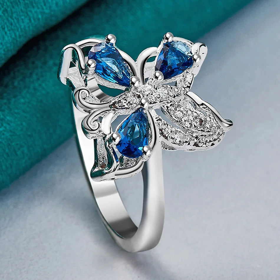 URMYLADY 925 Sterling Silver Butterfly Blue Zircon 7-10# Ring For Women Fashion Wedding Party Charm Jewelry