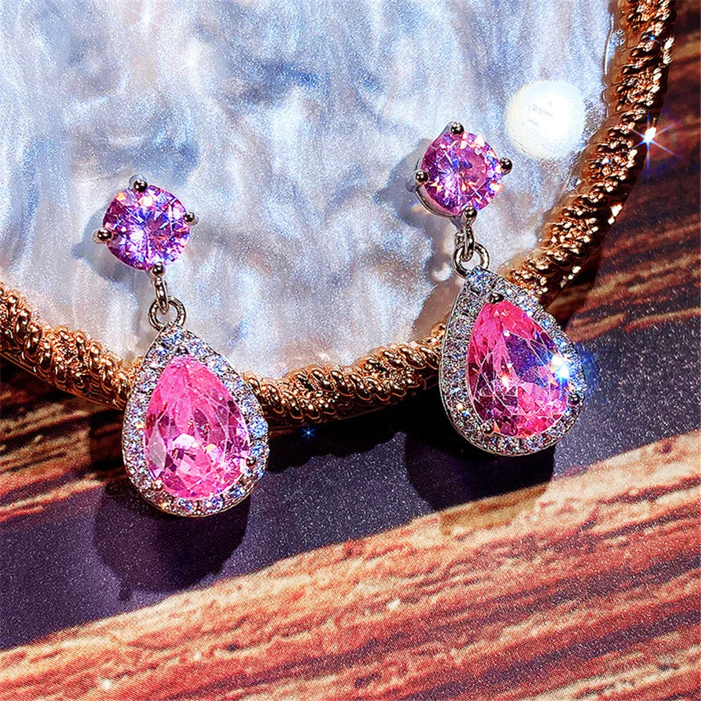 Luxury Female Blue Yellow White Zircon Stone Drop Dangle Earrings Cute Silver Color Party Jewelry For Women