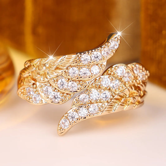 Small Angel Wing Charm Female White Zircon Stone Finger Open Ring Vintage Gold Color Wedding Band Bridal Jewelry For Women