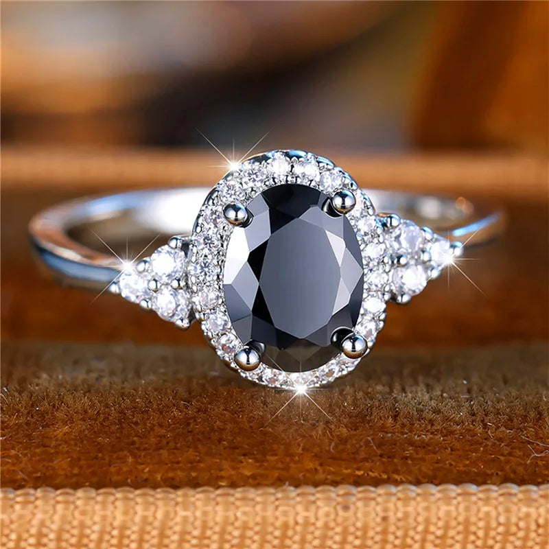 Cute Female Black Oval Zircon Stone Engagement Ring Trendy Silver Color Bride Wedding Jewelry Gift For Women