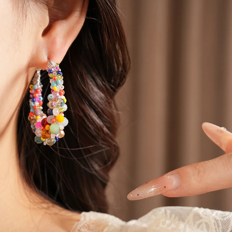 Colorful Glass Beaded Cluster Hoop Earrings for Women Shiny Wrapped Circle Huggie Earrings Vacation Festival Beach Jewelry N