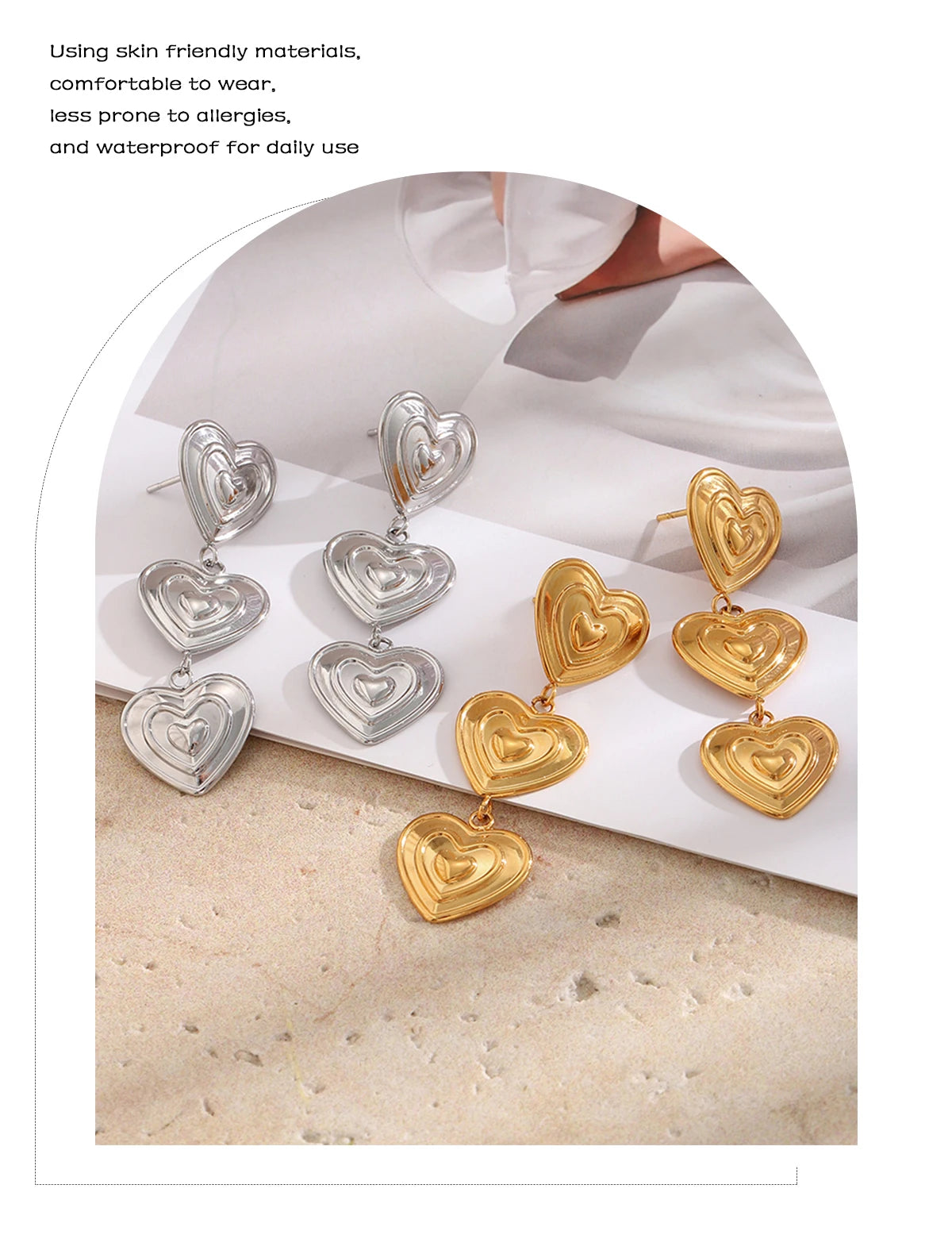 E.B.belle Modern Triple Heart Stud Earrings For Women 18K Gold Plated Waterproof Stainless Steel Earrings Fashion Ladies Jewelry