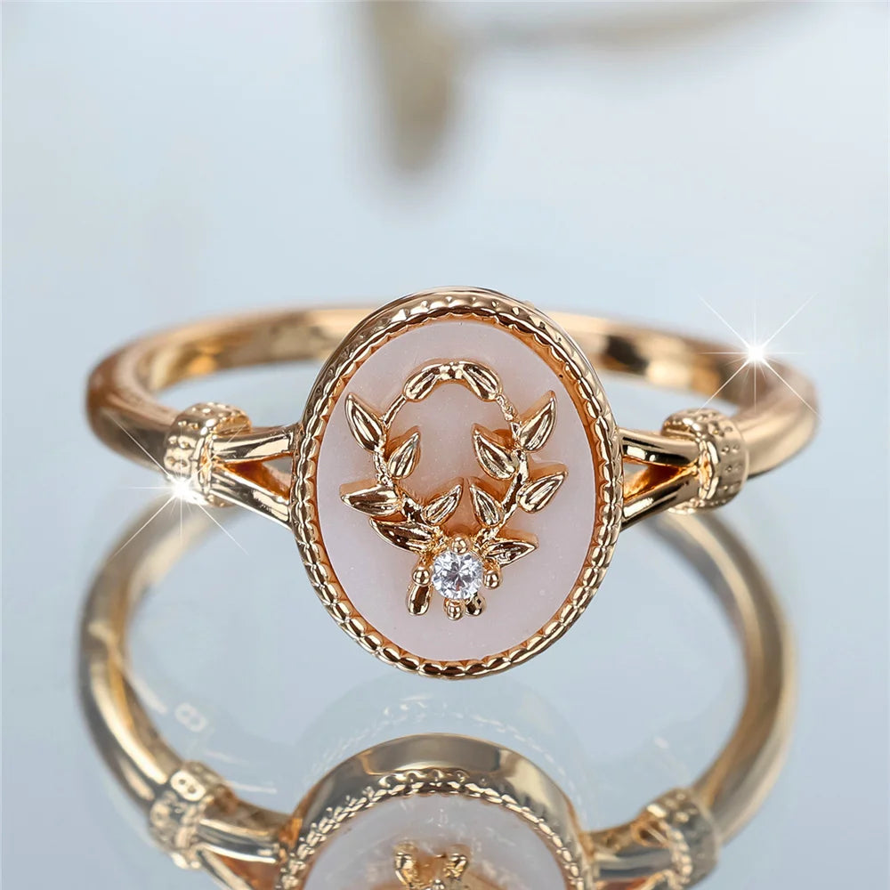 Charm Female White Enamel Stone Oval Leaf Plant Ring Rose Gold Silver Color Cute Gift Wedding Jewelry For Women