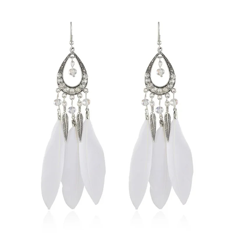 Bohemian Women Handmade Earrings For Female Colorful Long Feather Crystal Drop Tassel Dangle Earring Ladies Boho Jewelry Gift