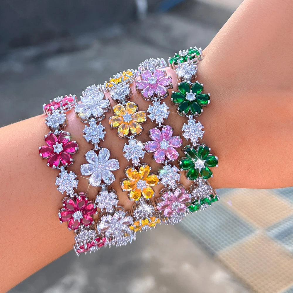 ThreeGraces Fashion Shiny Cubic Zirconia Blue Pink Flower Charms Designer Bridal Bracelet for Women Daily Party Jewelry B608