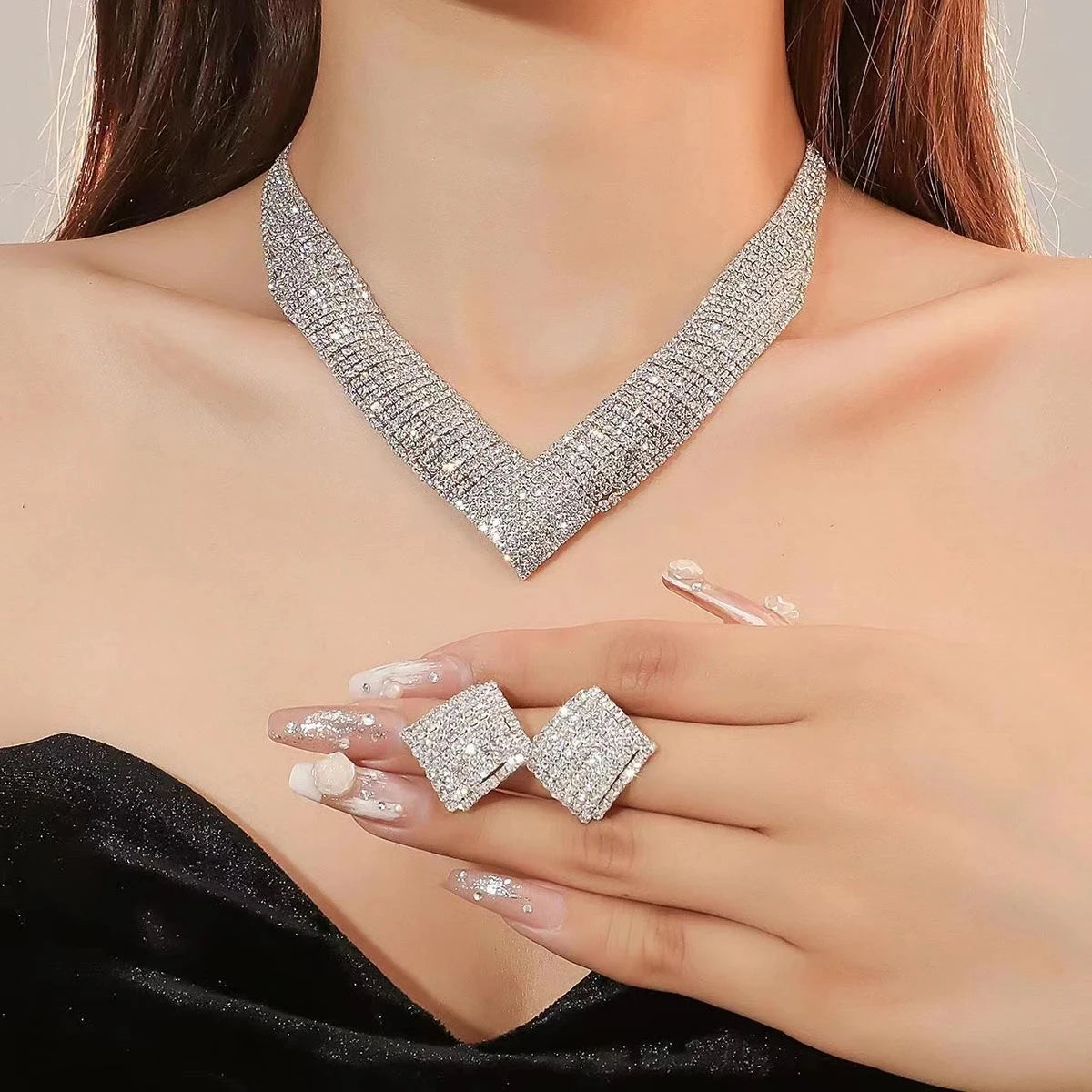 TREAZY Luxurious Rhinestone Crystal Wedding Jewelry Sets for Women Statement Choker Necklace Earrings Bridal Jewelry Accessories