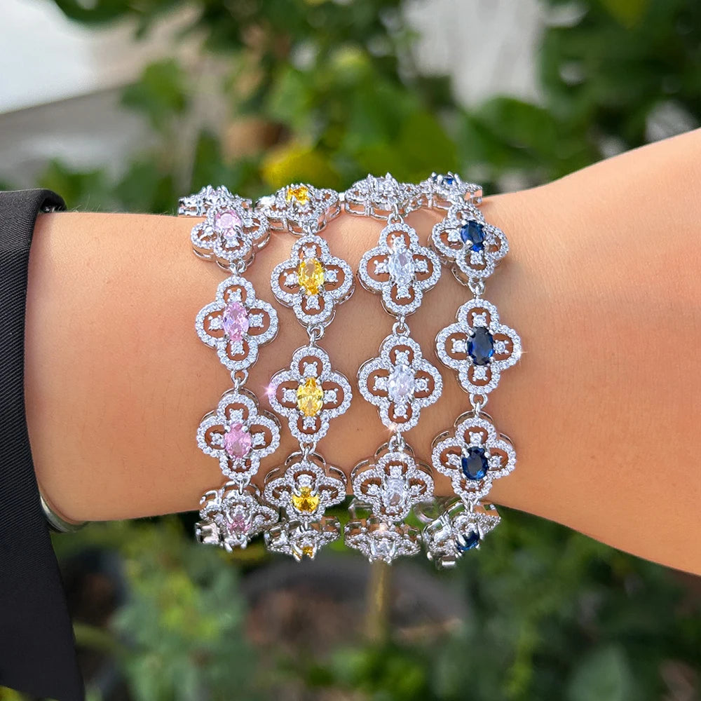 ThreeGraces Luxury Shiny White Zirconia Bridal Wedding Flower Link Chain Tennis Bracelet for Women Banquet Party Jewelry BR423