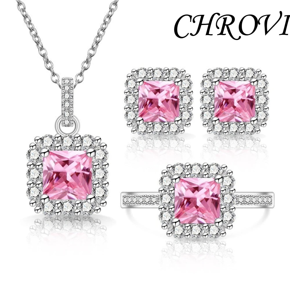 Luxury 925 Sterling Silver Gemstone Small Square Beads with Zirconia Necklace, Earrings, Ring Set and Decorative Items