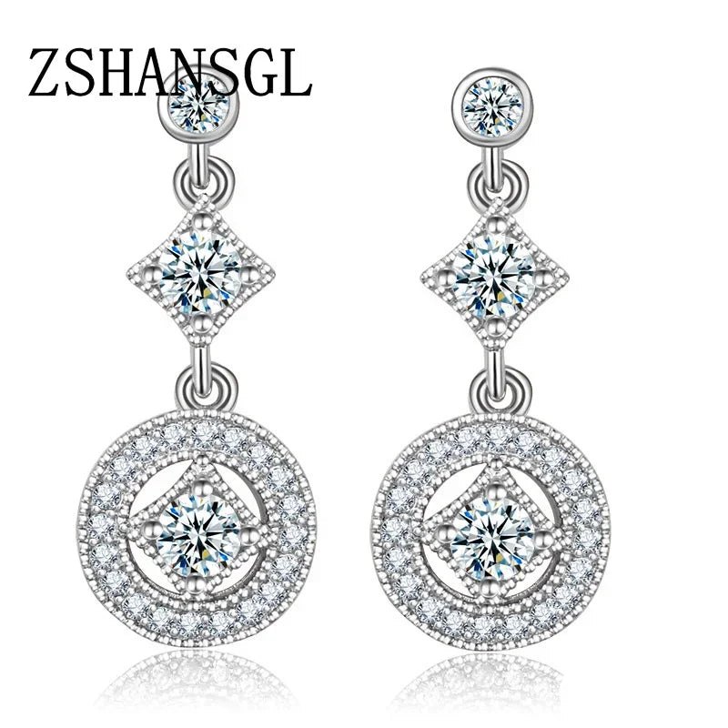 Radiant Elegance Earrings Clear CZ Crystals Surrounded Square Round Cut Ancient Women 925 Sterling SIlver Drop Earings Jewelry