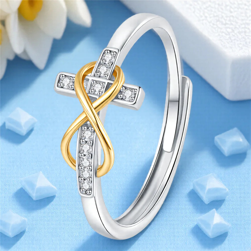 Luxury Female White Zircon Stone Silver Color Wedding Rings Promise Open Adjustable Cross Infinity Engagement Jewelry For Women