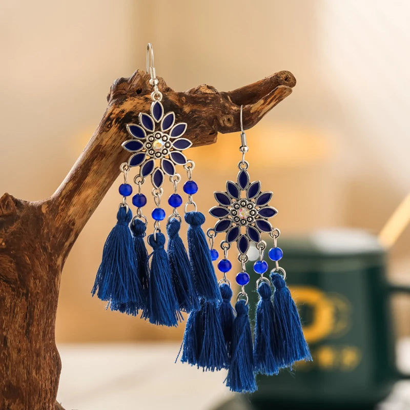 Classic Ethnic Tassel Earrings for Women Bohemian Enamel Flower Crystal Handmade Earring Female DailyVacation Jewelry