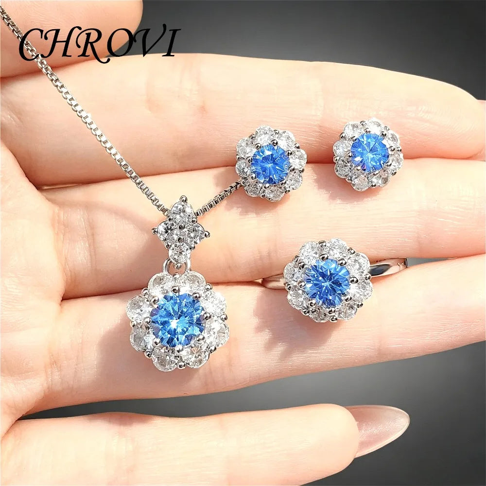 Fashion 925 Sterling Silver Light Luxury Colored Gemstone Set Pendant Ring Stud Earrings for Women Simple Everyday