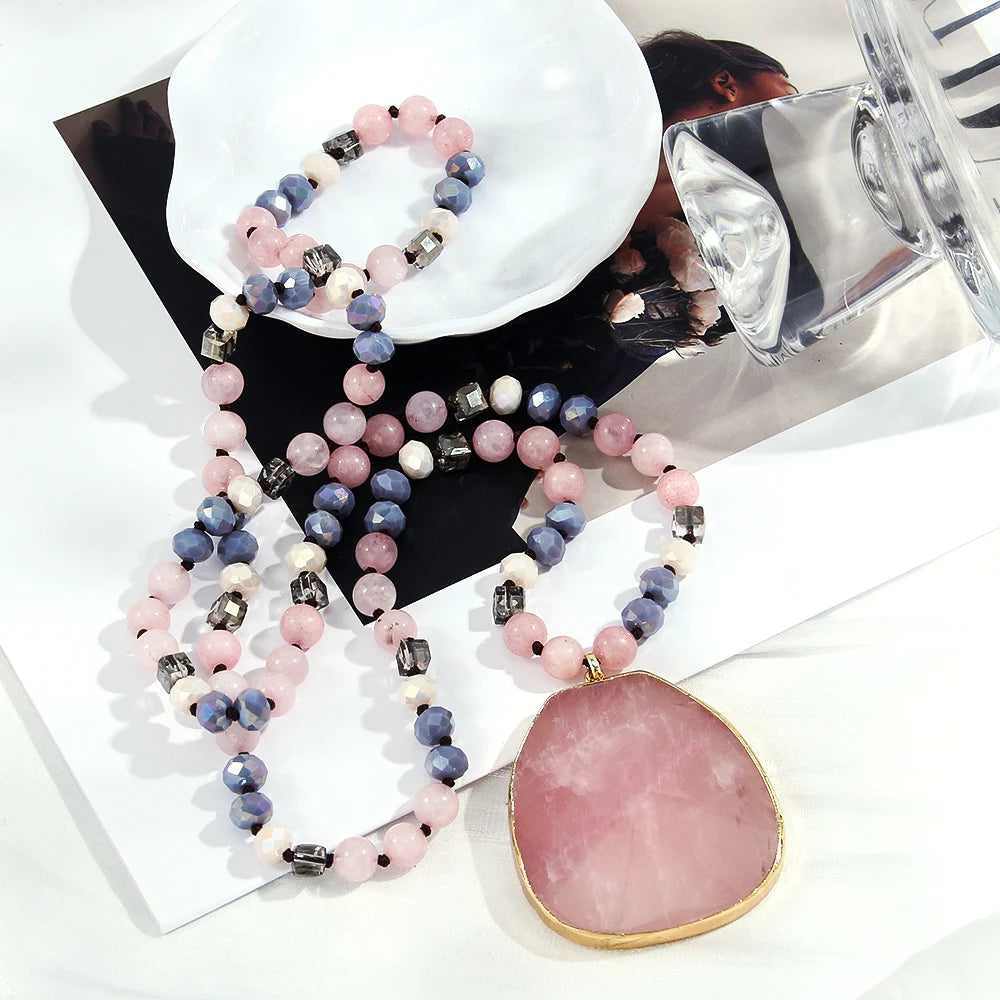 Women Fashion Bohemian Style 8mm Multicolor Natural Stone Glass Knotted Necklace Irregular Cut Surface Heavy Stone Pendant