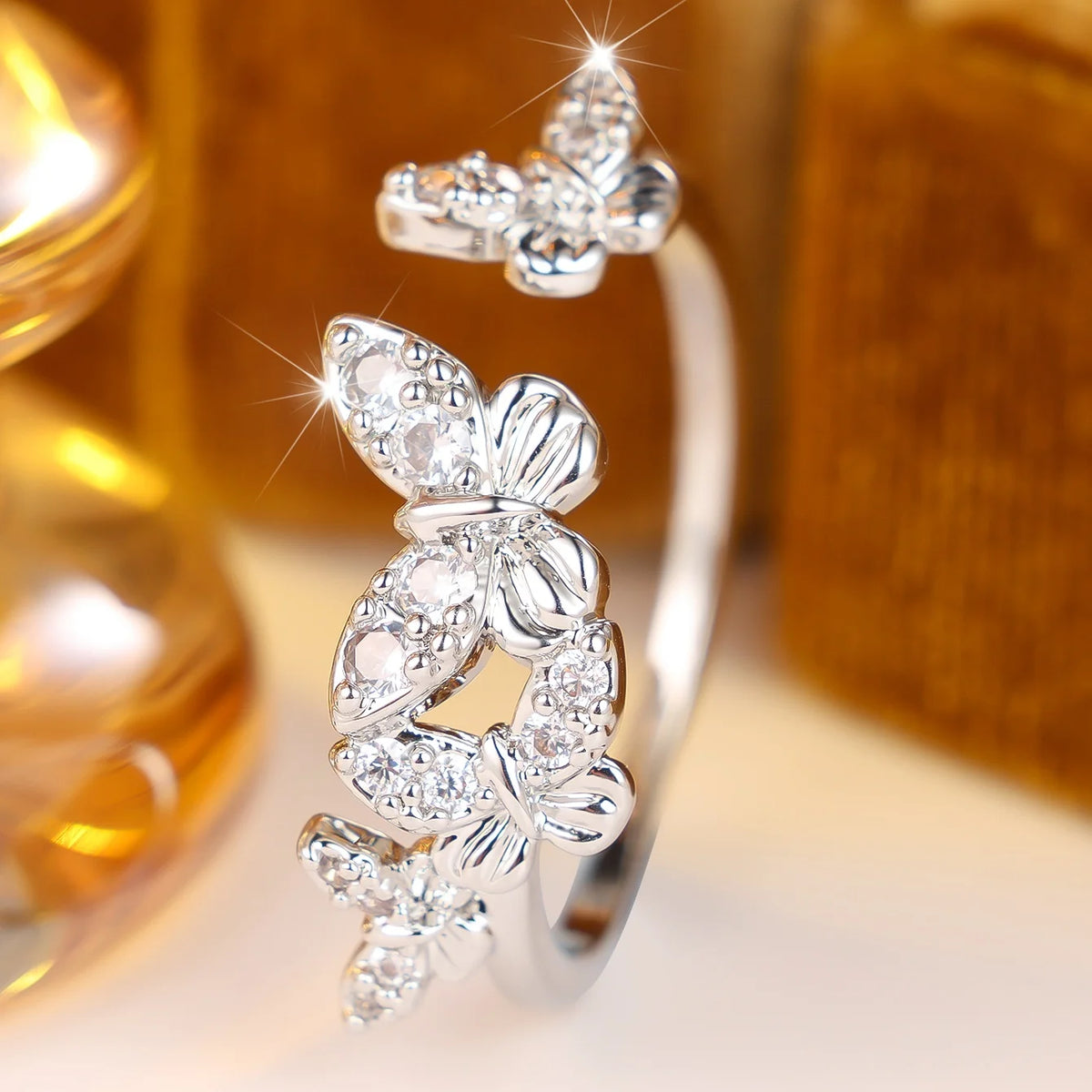 Cute Female White Zircon Stone Butterfly Adjustable Ring Silver Color Open Wedding Jewelry For Women