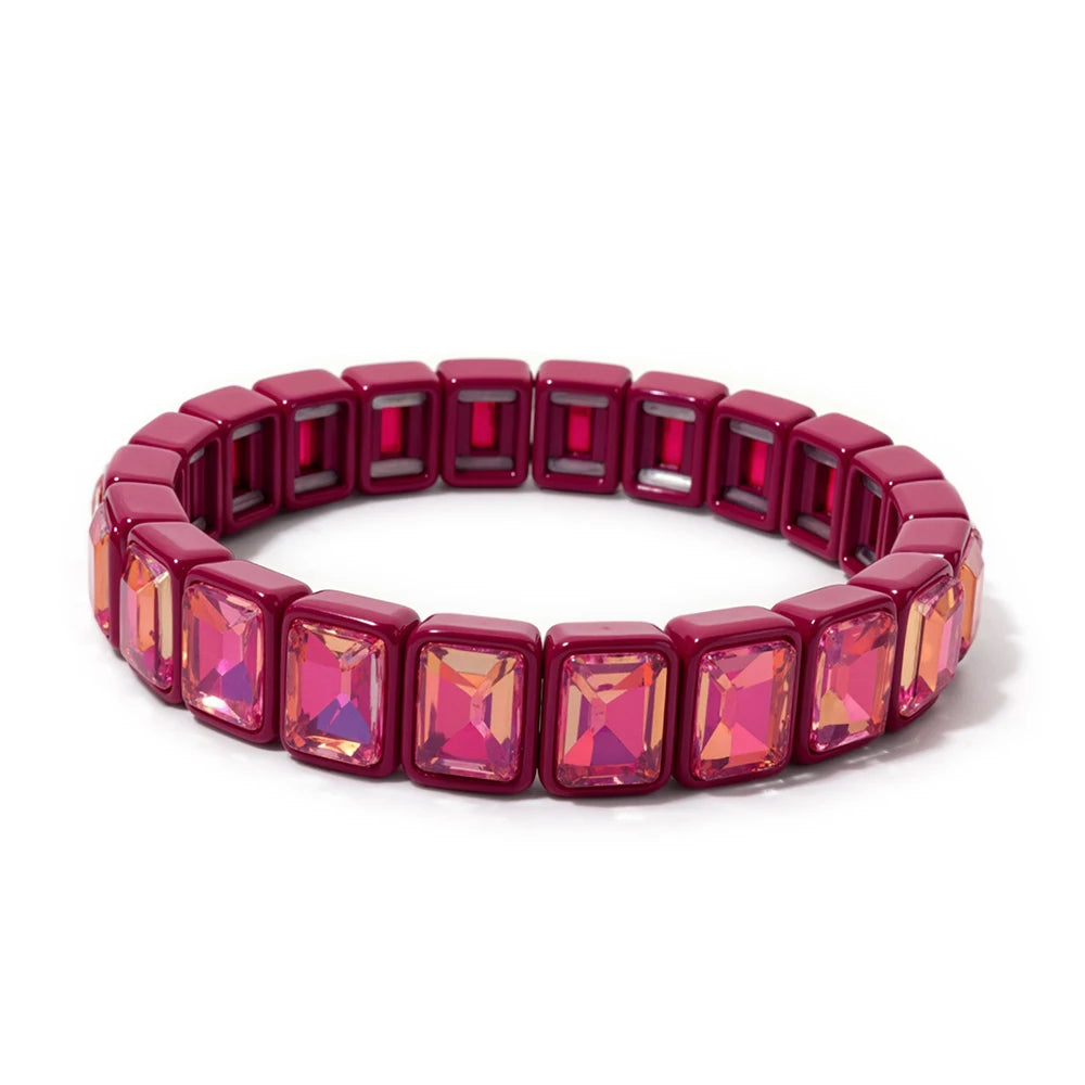 8x10mm Zirconia Enamel Bangle For Women Handmde Rainbow Color Elastic Beaded Bracelets