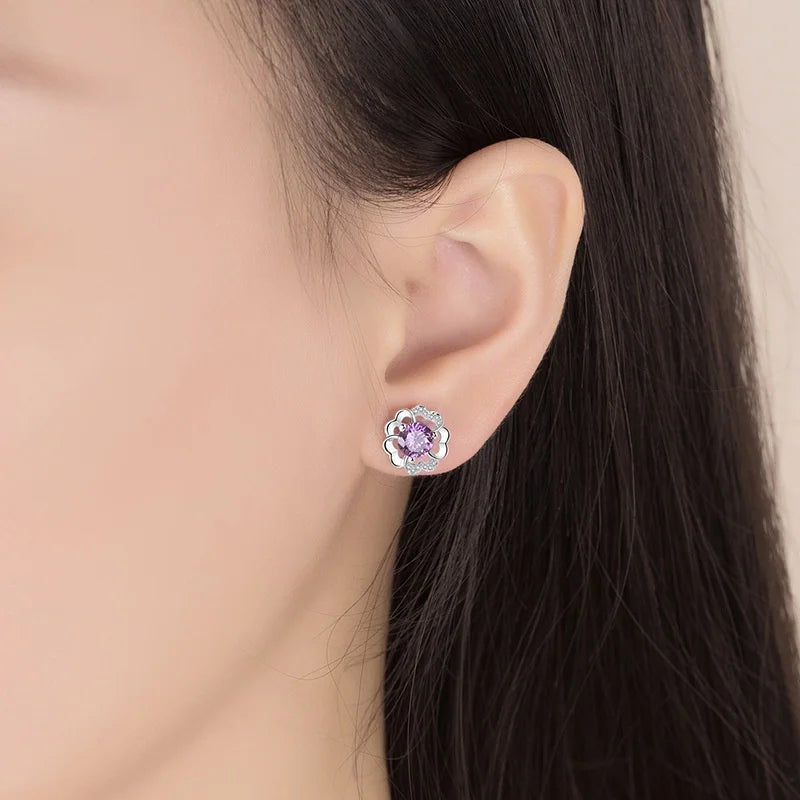 Luxury Charm Female White Purple Zircon Stone Fashion Stud Earrings Silver Color Wedding Jewelry For Women