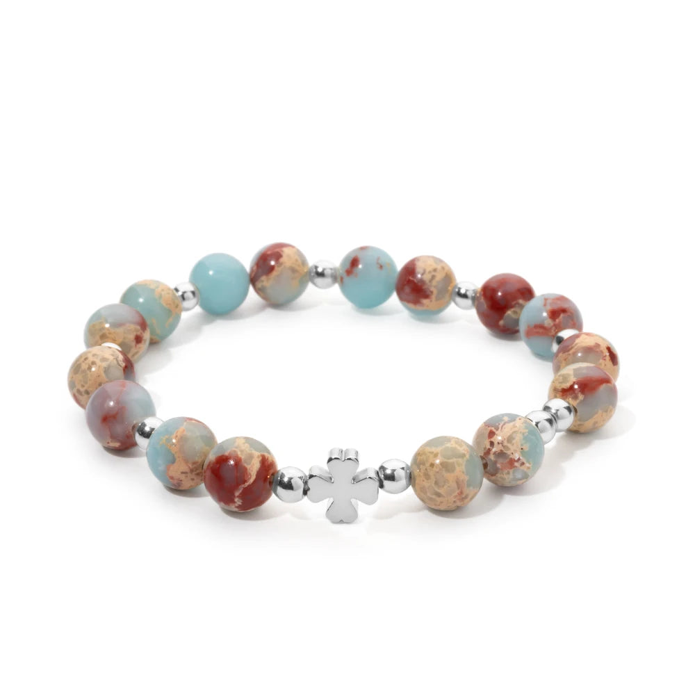 New 8MM Natural Stone Girl Bracelets Colorful Round Beads Alloy Gold Color Cross Women Bangle Fashion Jewelry Accessories 2024