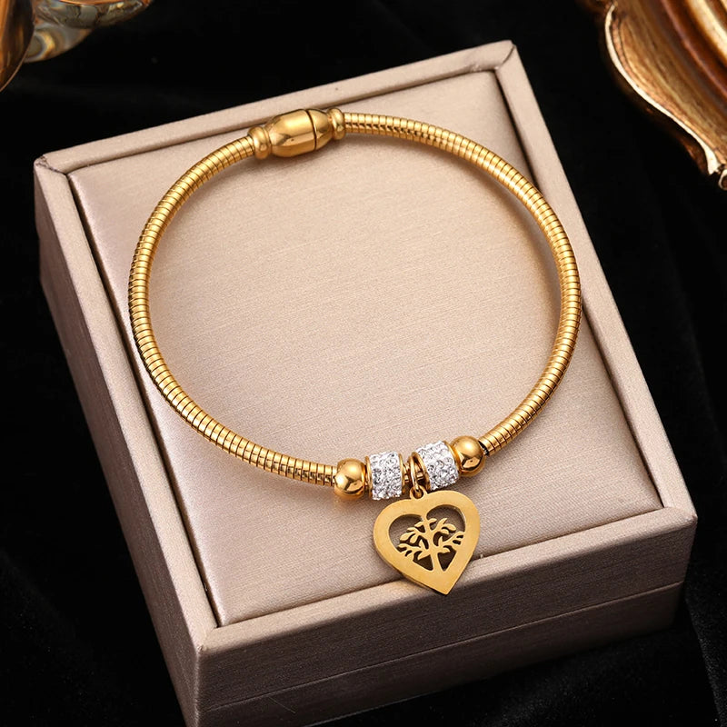 EILIECK 316L Stainless Steel Water Drop Zircon Butterfly Hexagram Charm Bracelet For Women Trend Fashion Gold Color Jewelry Gift