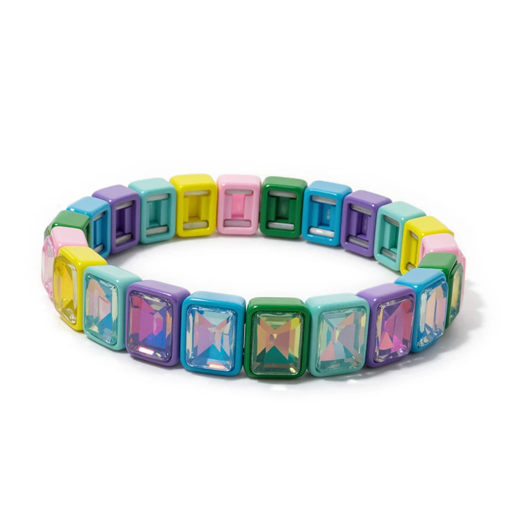 8x10mm Zirconia Enamel Bangle For Women Handmde Rainbow Color Elastic Beaded Bracelets
