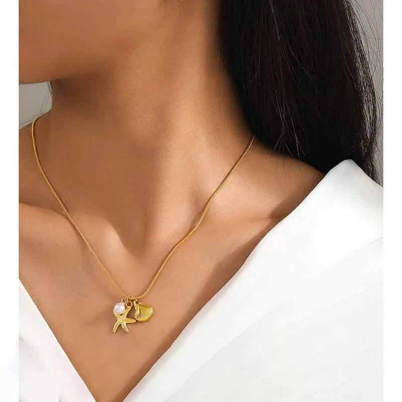 EILIECK 316L Stainless Steel Pearl Shell Starfish Sun Charm Necklace For Women Ocean Style Gold Plated Handmade Holiday Jewelry