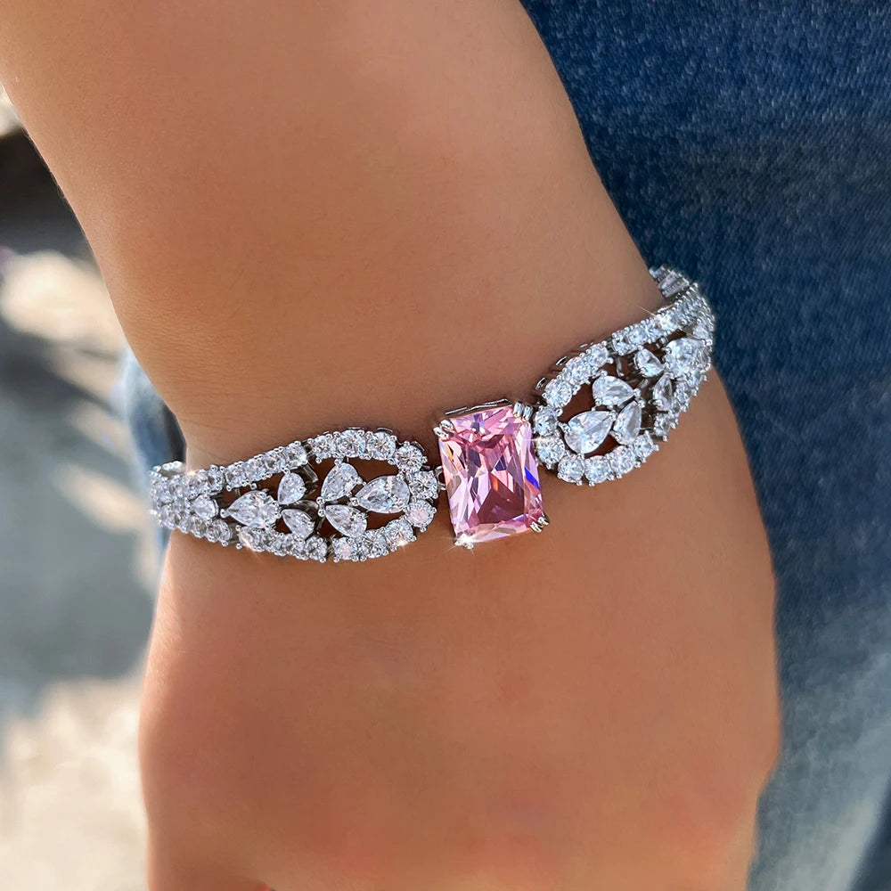 ThreeGraces Elegant Brilliant Pink Square Cubic Zirconia Feather Shape Bridal Wedding Party Link Chain Bracelet for Women BR454