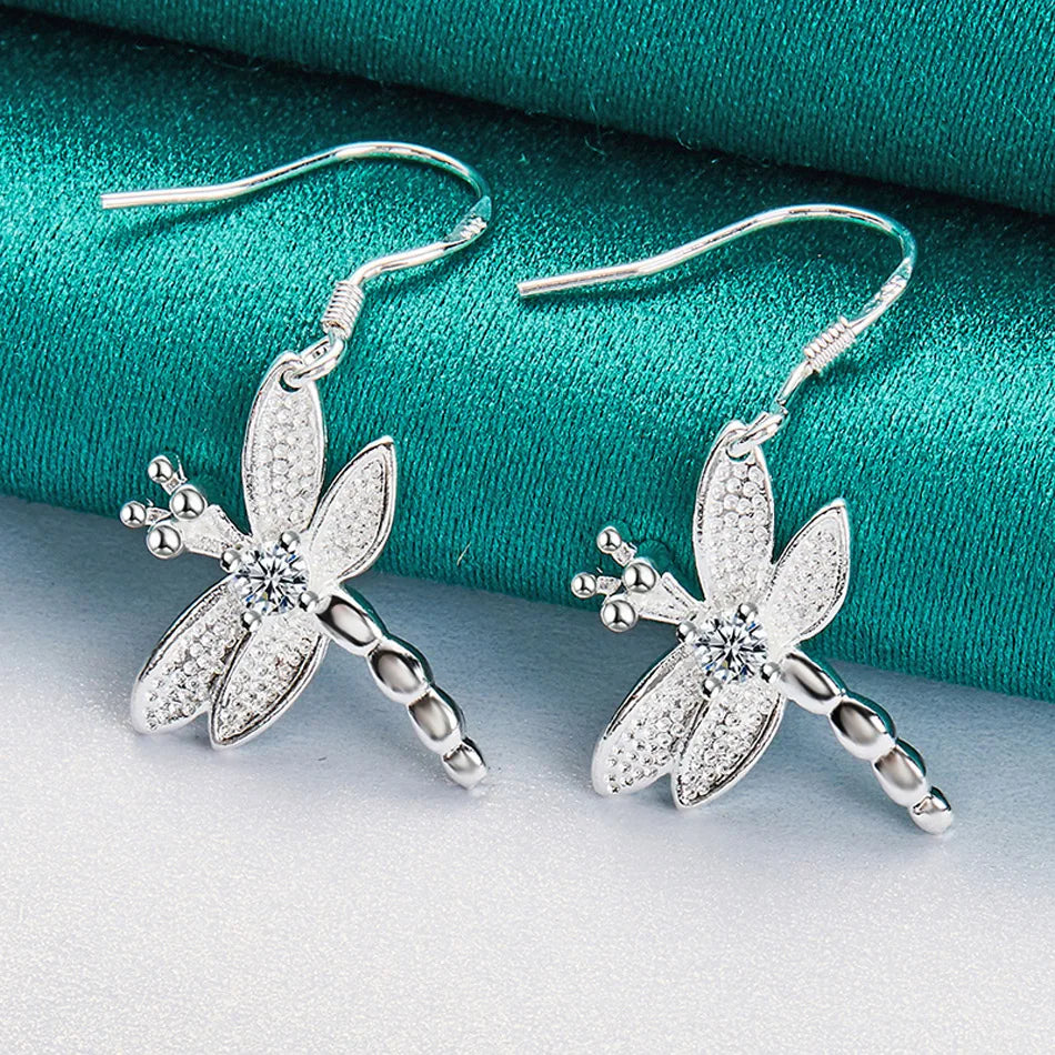 URMYLADY 925 Sterling Silver Dragonfly Zircon Earrings For Women Fashion Wedding Engagement Party Jewelry
