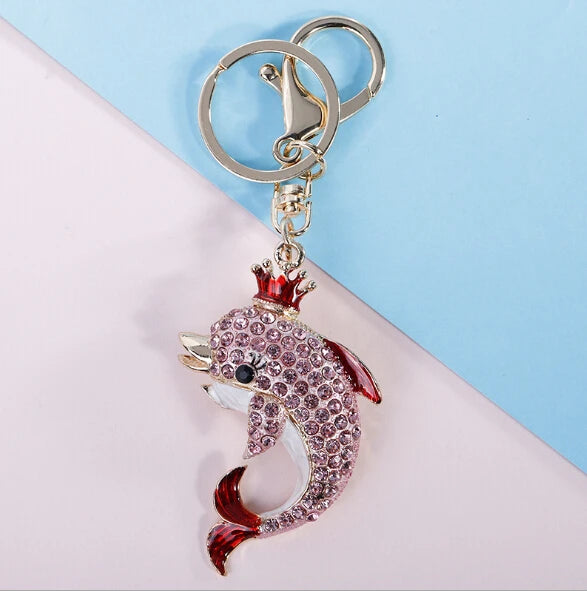 Fashion Rhinestone Crystal Metal Keychain Lovely Cartoon Marine Style Tortoise Fish Dolphin Keyring HandBag Car Pendant Gift
