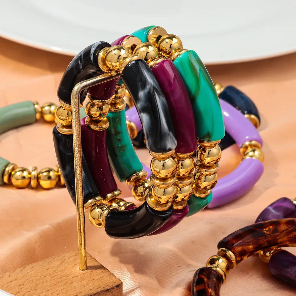 New Design Acrylic Gold Color Beads Chunky Bamboo Bracelets for Women Resin Curved Tube Stretchy Bangle 2024 Fashion Jewelry
