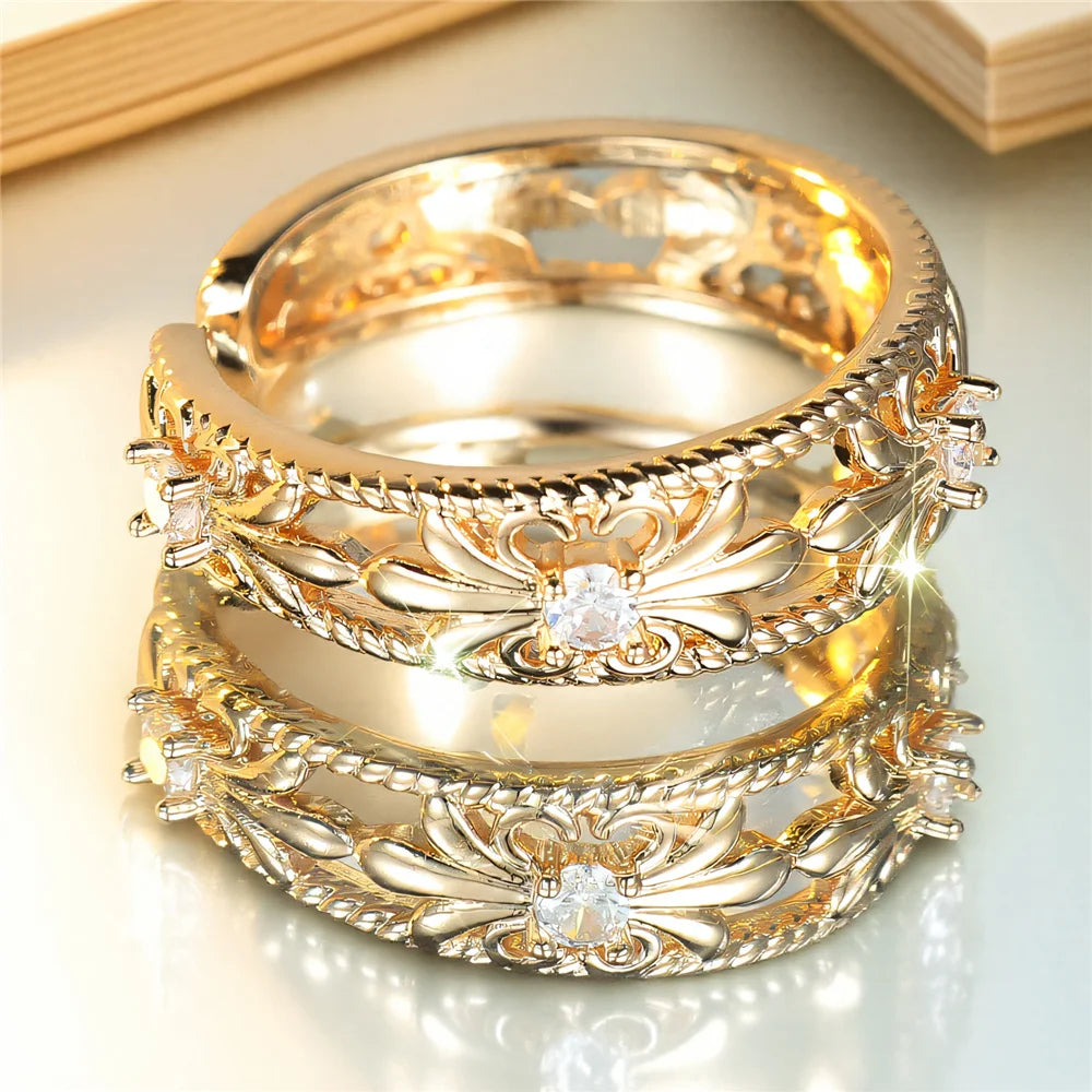 Cute Female White Zircon Flower Open Ring Gold Color Wedding Rings Promise Adjustable Engagement Jewelry For Women