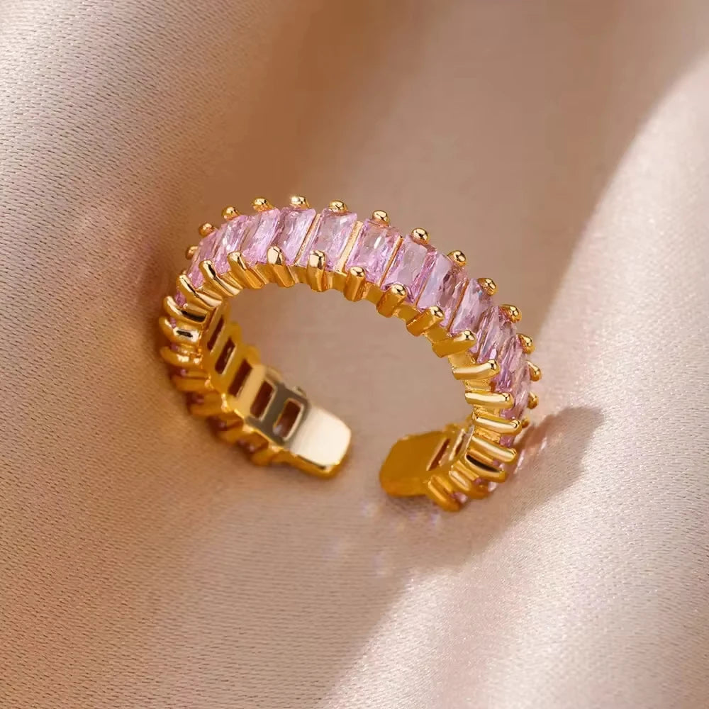 Luxury Stainless Steel Rings Gold Plated Colorful Stone Zircon Crystal Heart Ring For Women Wedding Boho Jewelry Christmas Gift