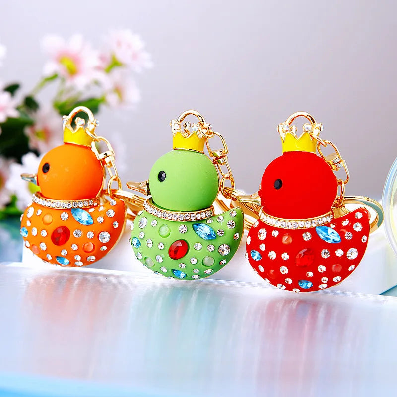 Creative rhinestone cute big yellow duck car keychain women's bag pendant metal key chain ring festival gift wholesale